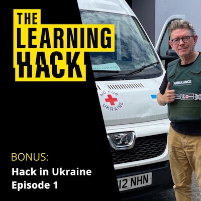 Learning Hack podcast Ident with photo of John Helmer in flack jacket with van.