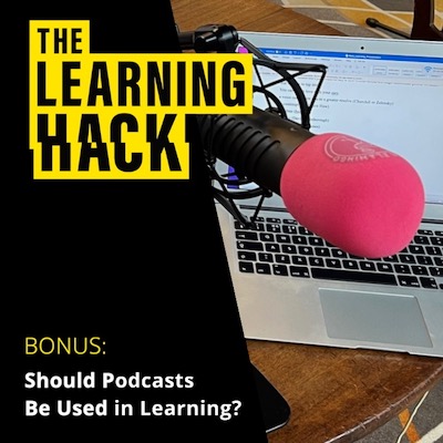Learning Hack podcast ident with photograph of mic and laptop