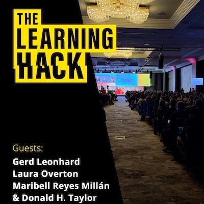 The Learning Hack podcast ident with photograph of conference room at Online Educa Conference, Berlin