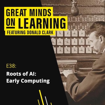 Great Minds on Learning podcast ident with sepia photograph of a male operator of early computing device