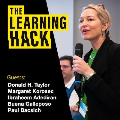The Learning Hack podcast ident with photograph of Margaret Korosec at OEB 2025