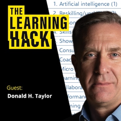 The Learning Hack podcast ident with photograph of Donald H. Taylor in front of his GSS survey results in table form.